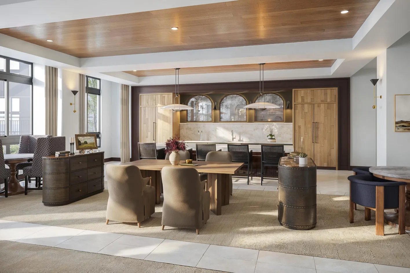 Cafe-inspired resident lounge with seating and workspace areas.
