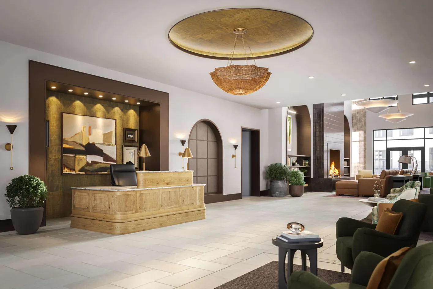 Elegant lobby with fireplace seating and upscale finishes at The Penny.