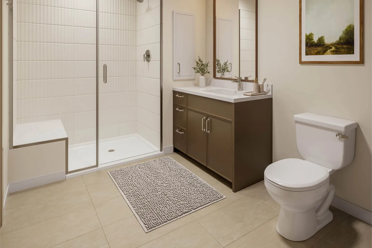 Apartment bathroom with walk-in shower and modern finishes.