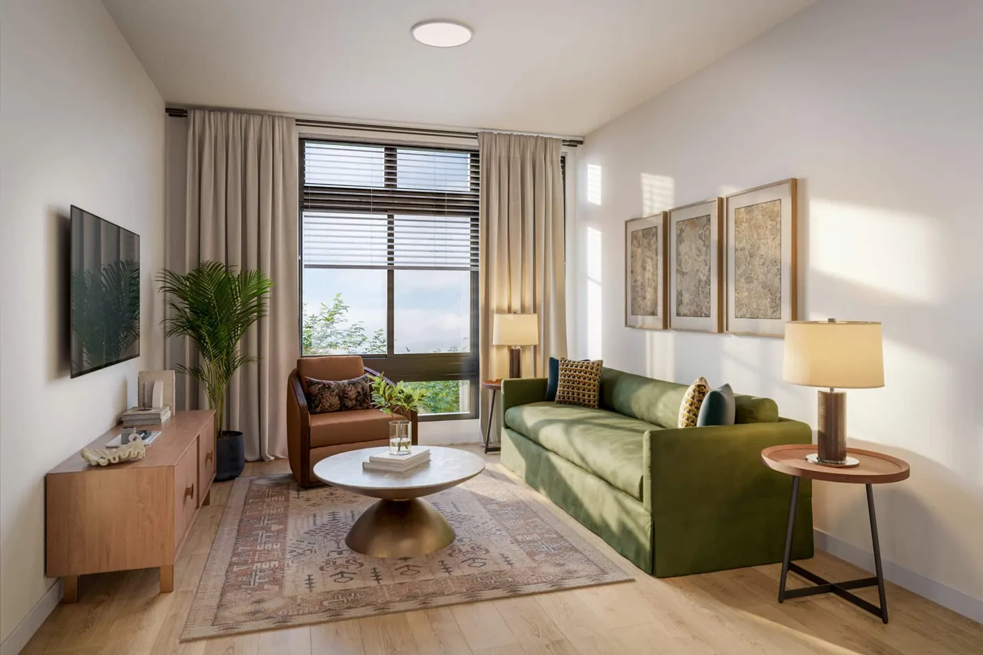 Bright apartment living room with large windows and designer finishes.