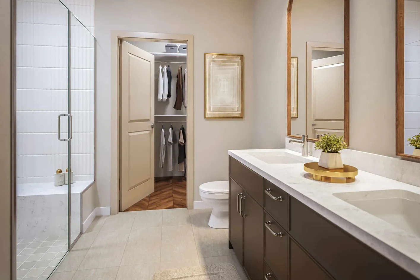 Upgraded bathroom with double vanity and walk-in shower.