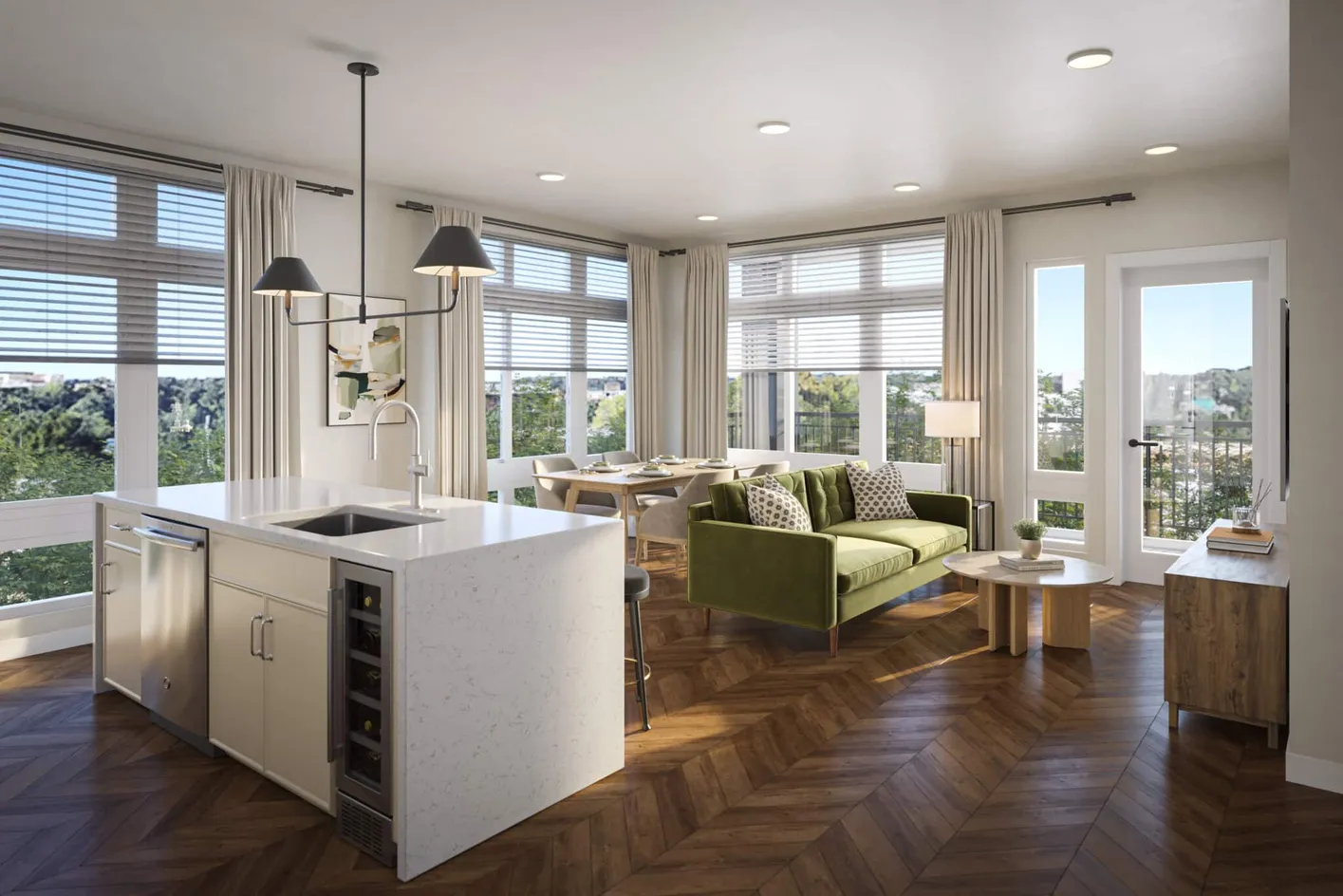 Premium apartment kitchen and living area with upgraded finishes and expansive windows.
