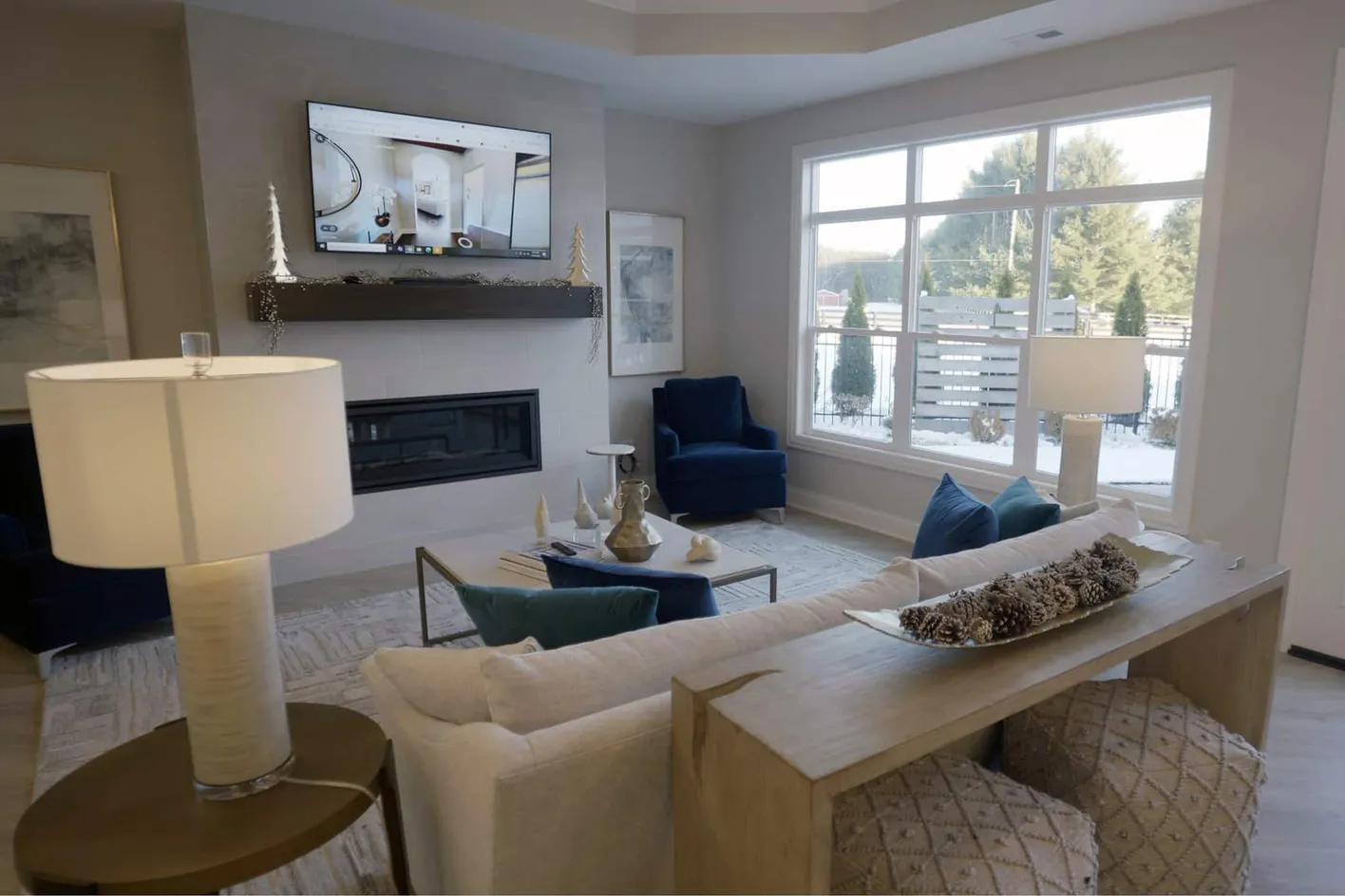 Bright great room with fireplace