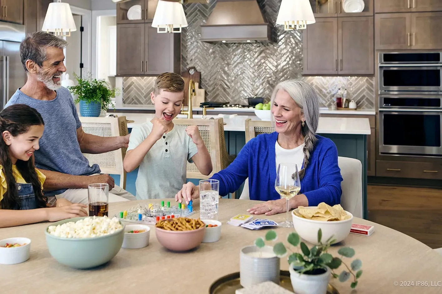 Family game night in kitchen