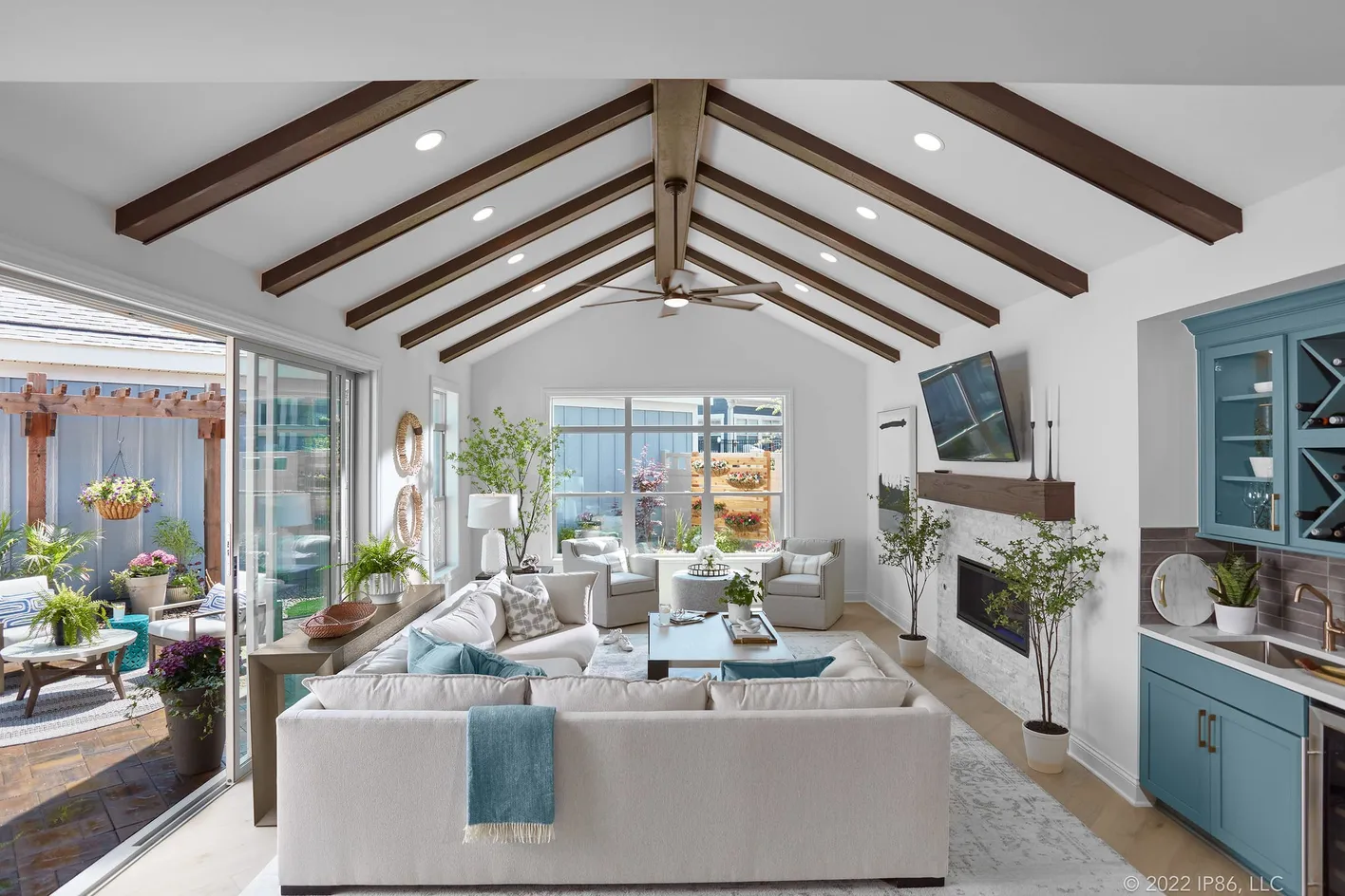 Open living room with beams