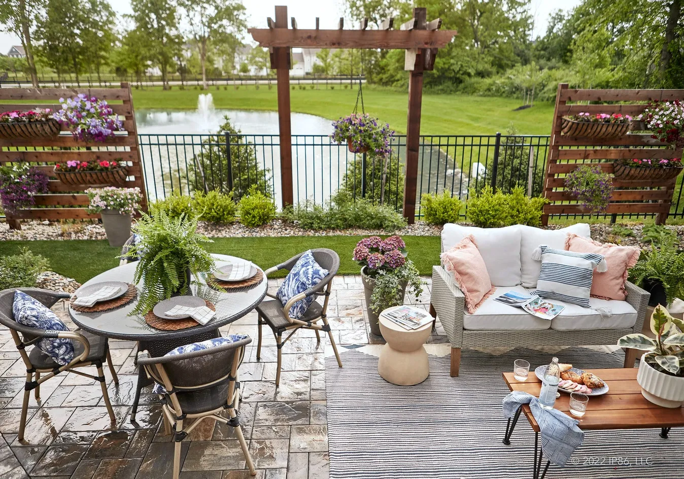 Patio dining overlooking pond