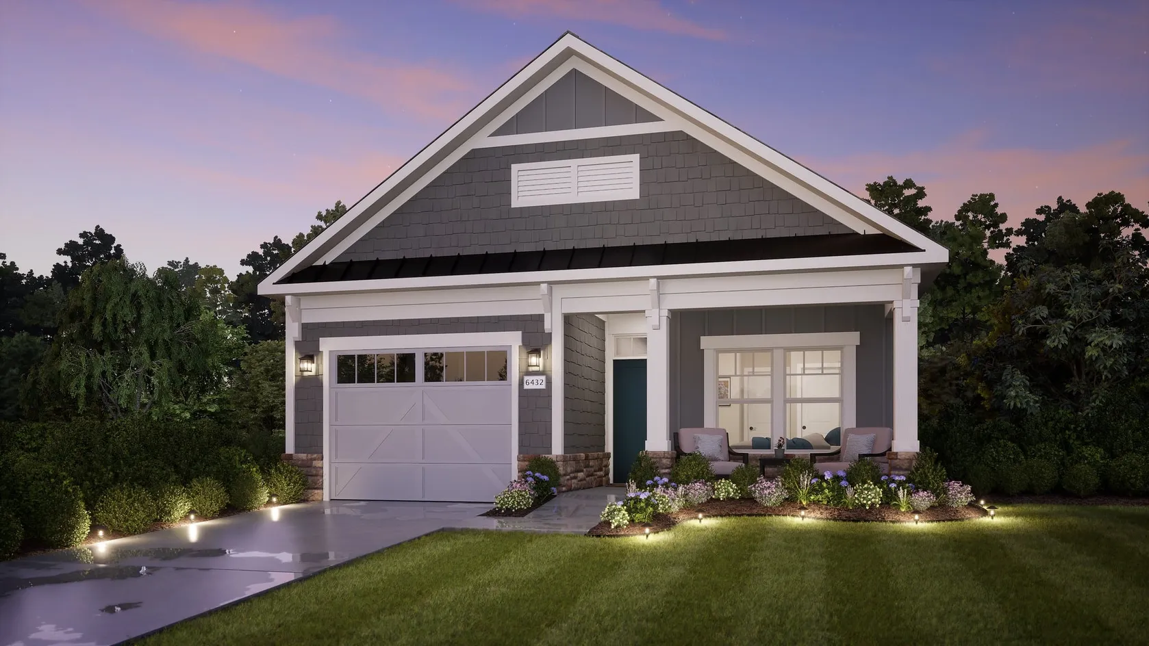 Front exterior at dusk with porch and landscaping