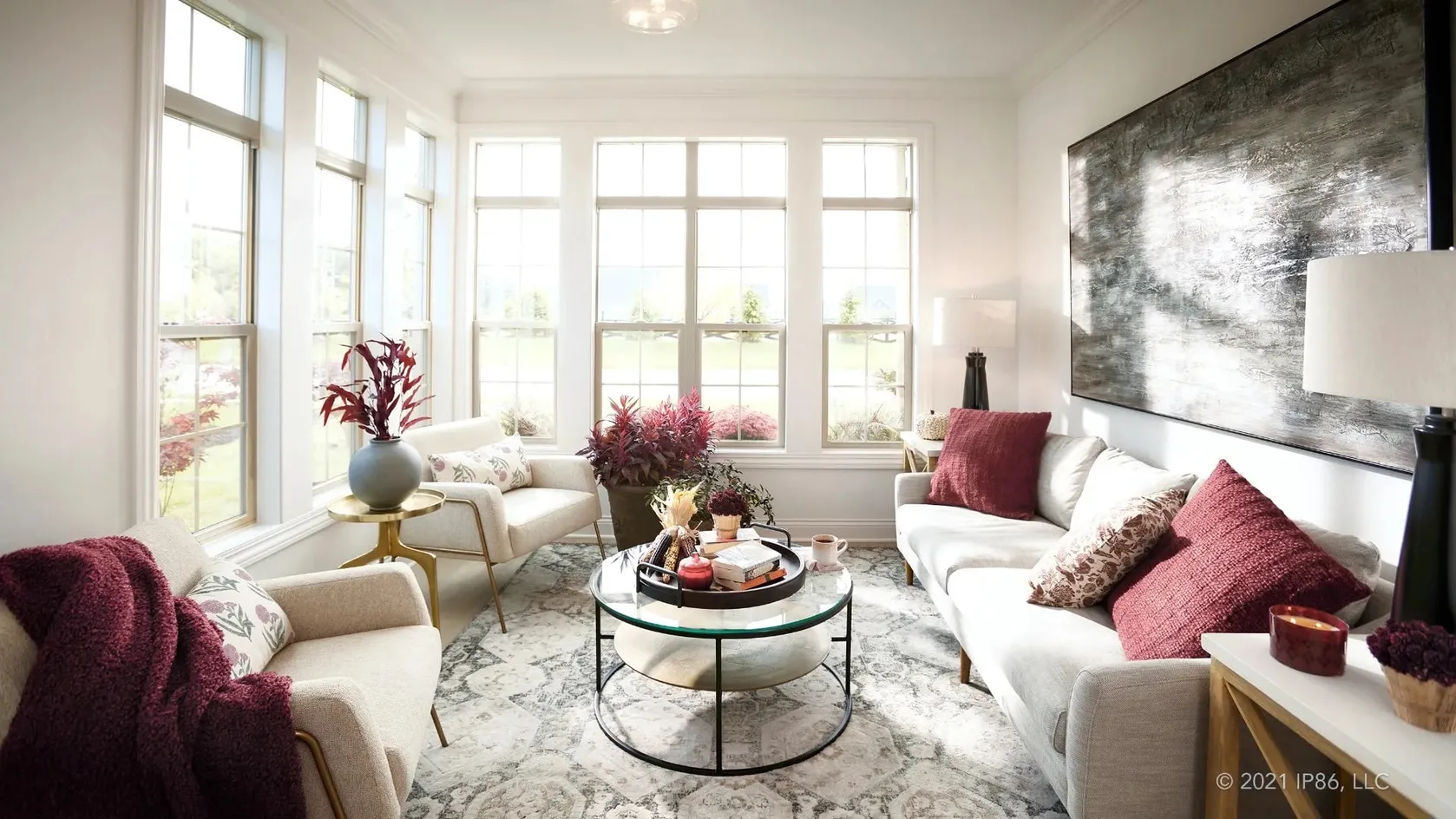 Sunlit sitting room with cozy seating