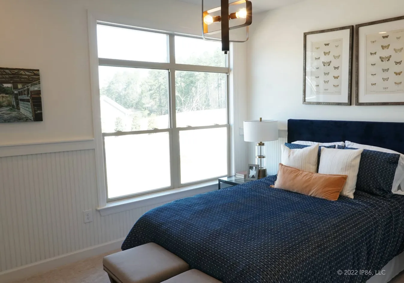 Comfortable primary bedroom with stylish navy accents and abundant natural light