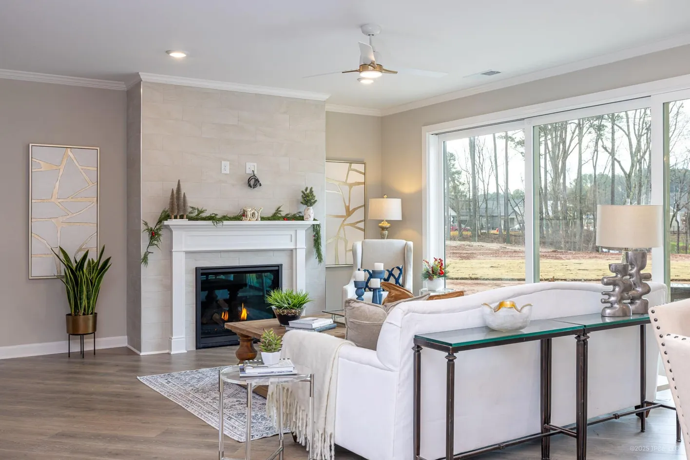 Cozy covered patio with fireplace and outdoor seating