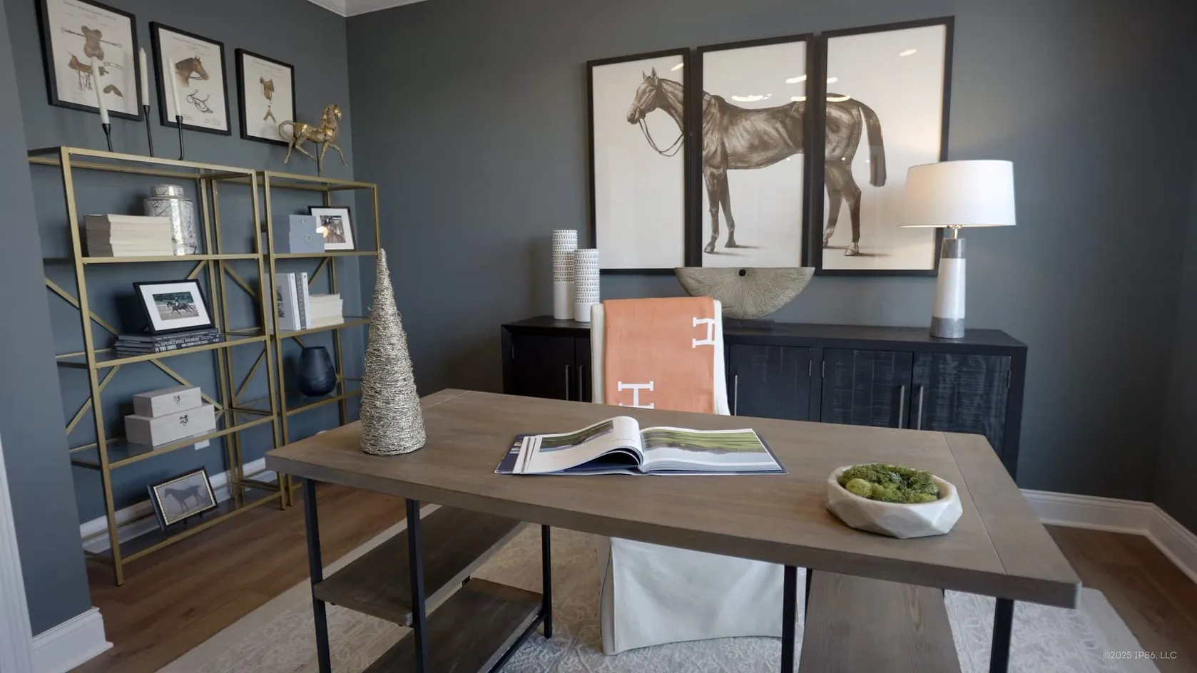 Modern office with equestrian decor