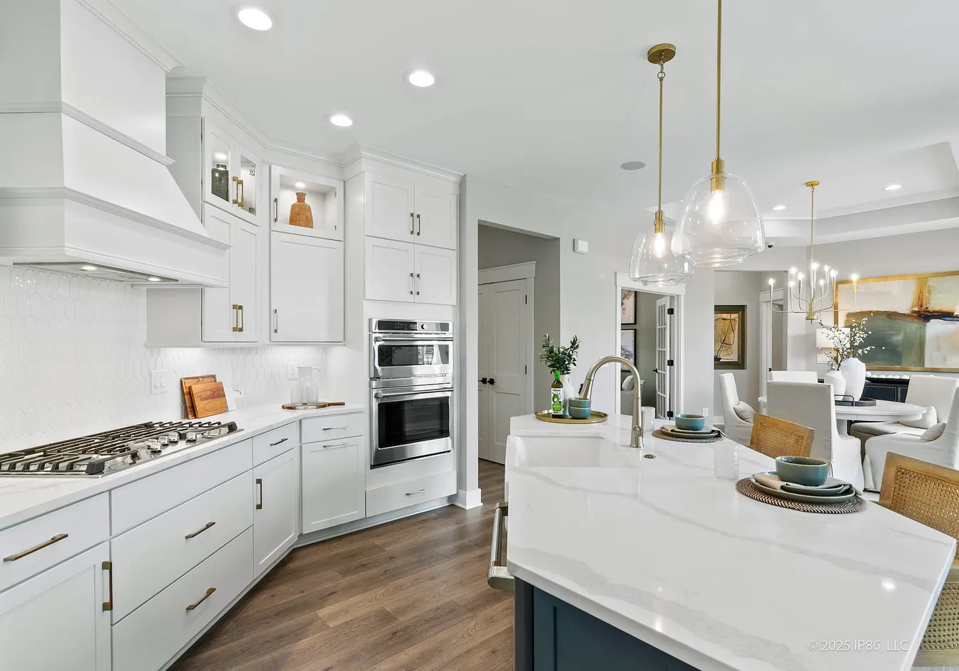 Kitchen with island and dining view