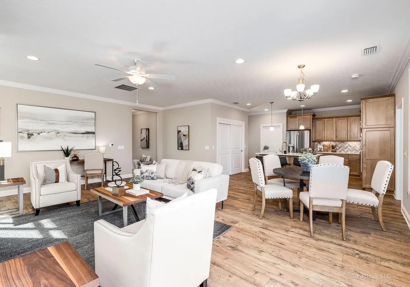 Open living area with dining and kitchen