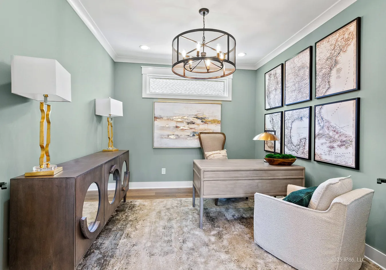 Office with desk and wall decor