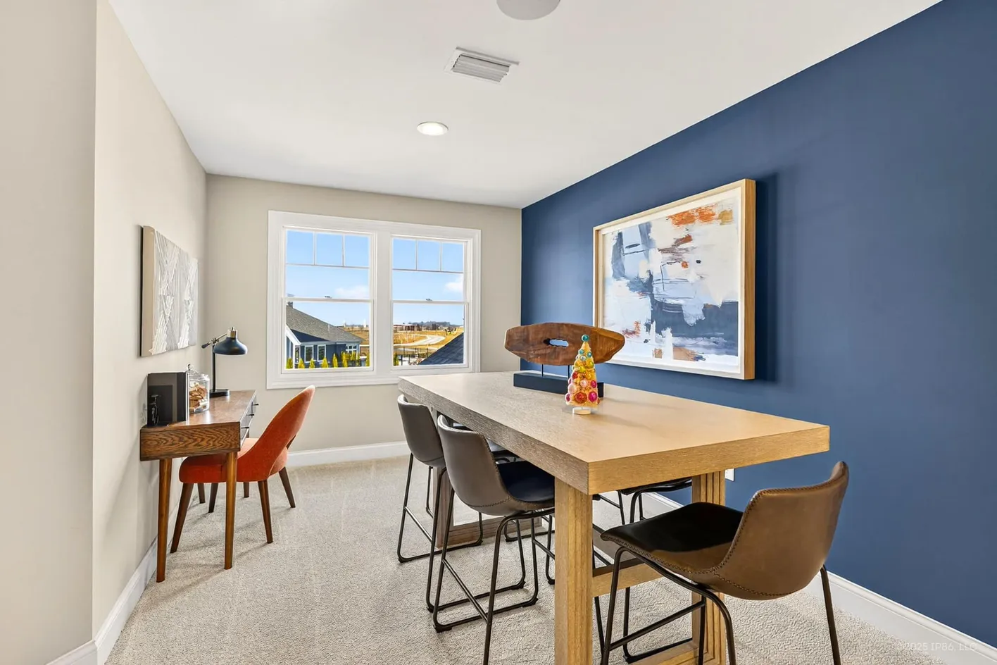 Office with blue wall