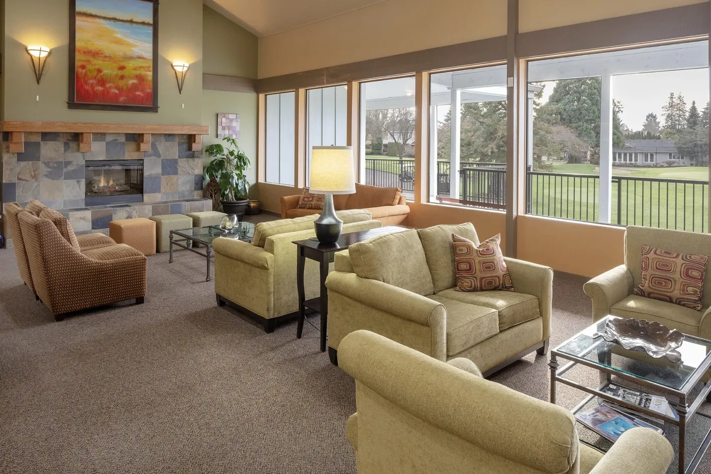 Clubhouse lounge with fireplace views
