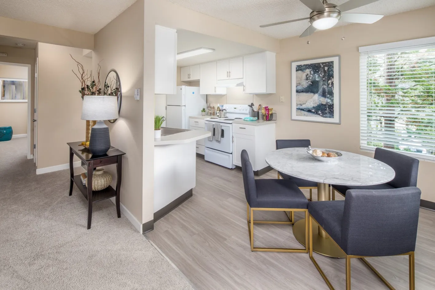 Open dining area near kitchen space