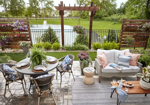 Patio seating beside water